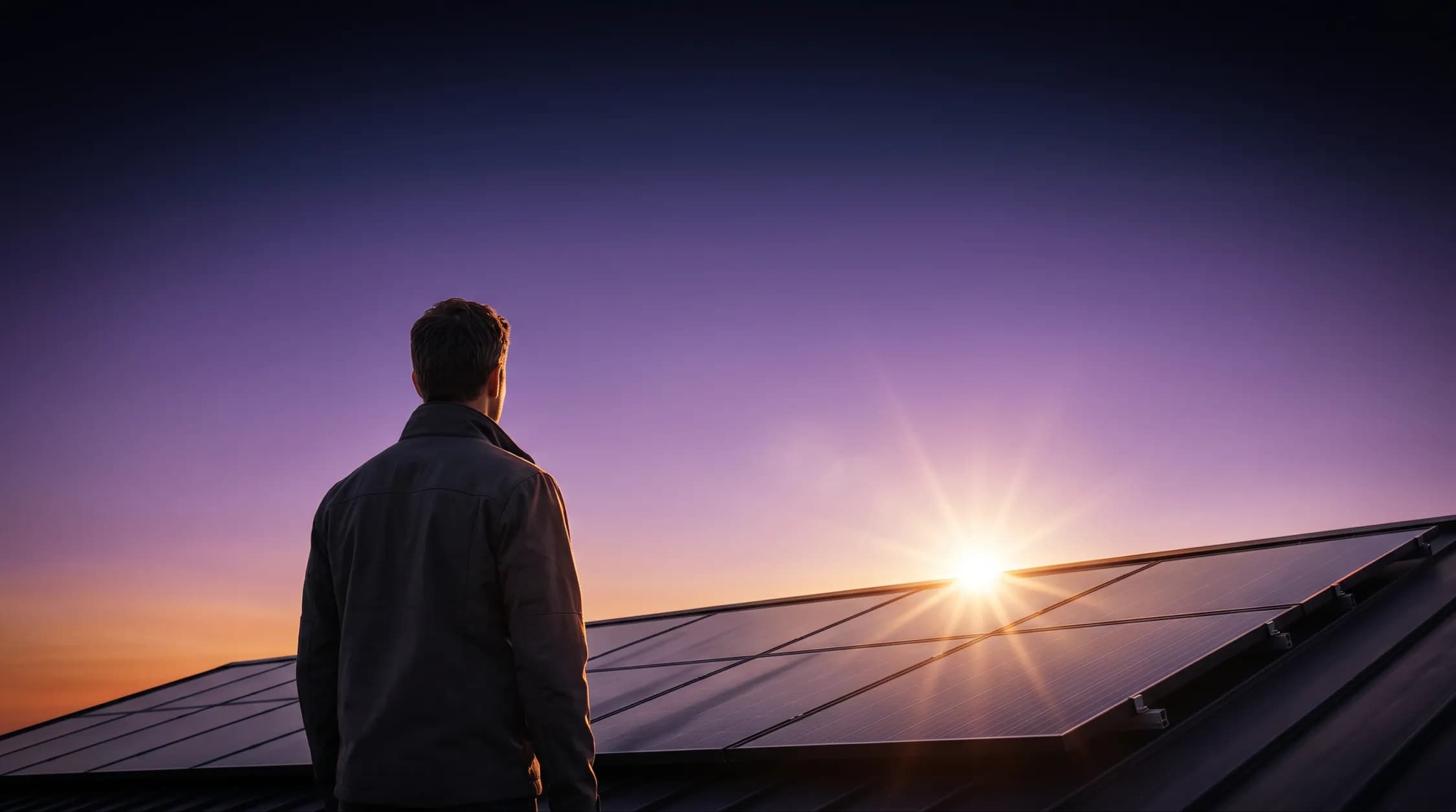 Mężczyzna stojący na dachu przy panelach fotowoltaicznych o zachodzie słońca, analizujący awarię instalacji i spadek produkcji energii.