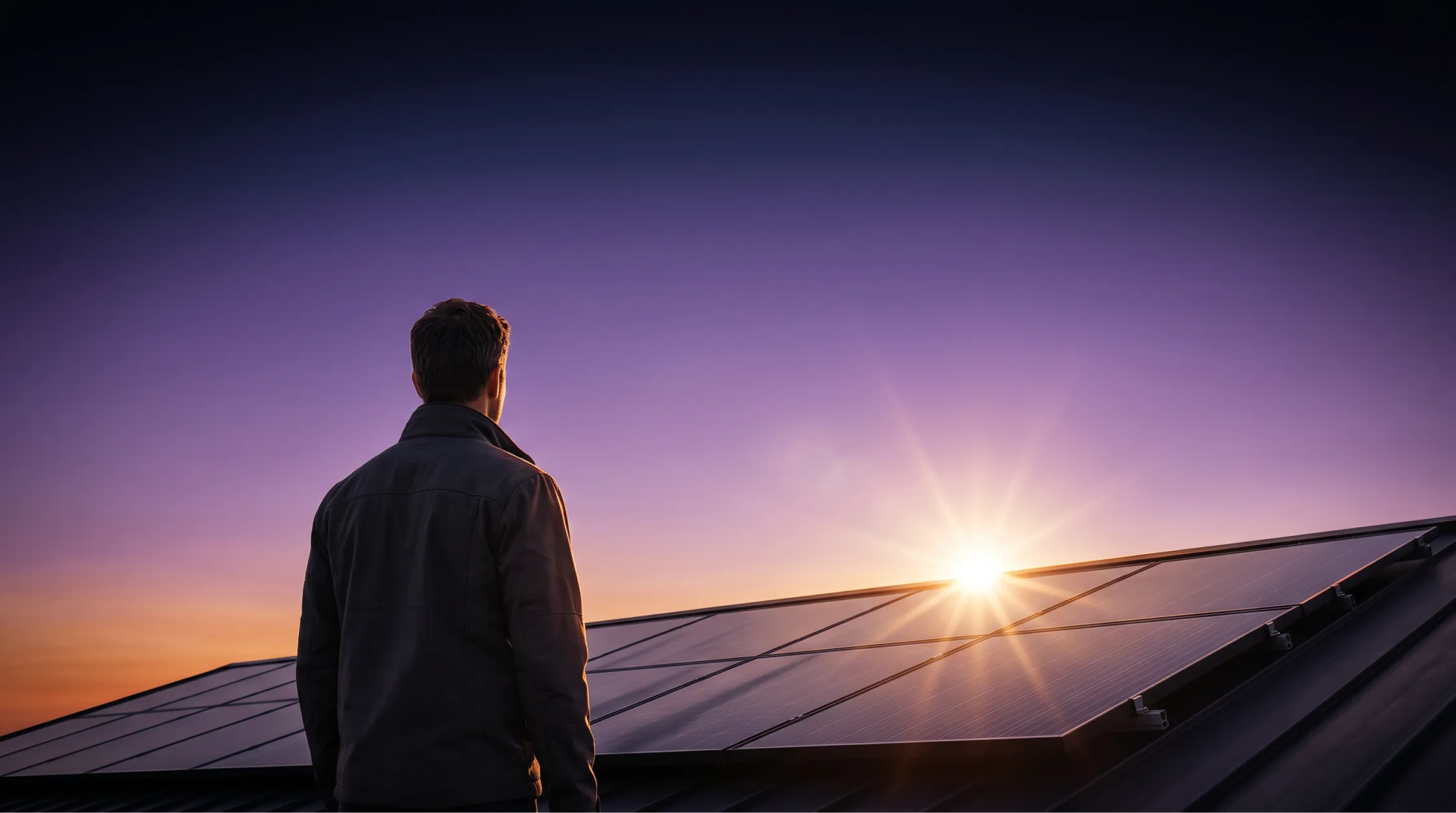 Mężczyzna stojący na dachu przy panelach fotowoltaicznych o zachodzie słońca, analizujący awarię instalacji i spadek produkcji energii.
